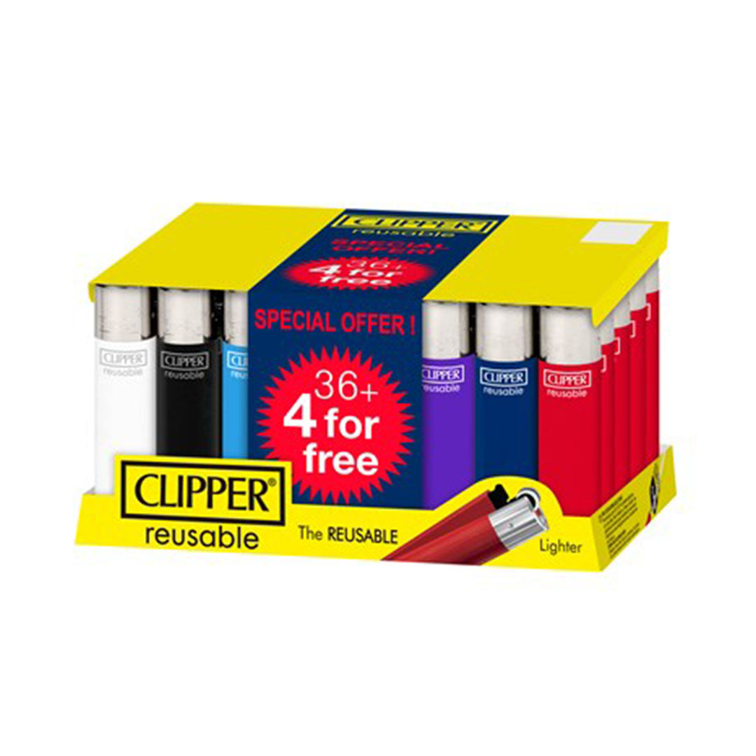 Clipper Reusable Lighter Solid Colours 36 Pack + 4 Lighters FreeClipper