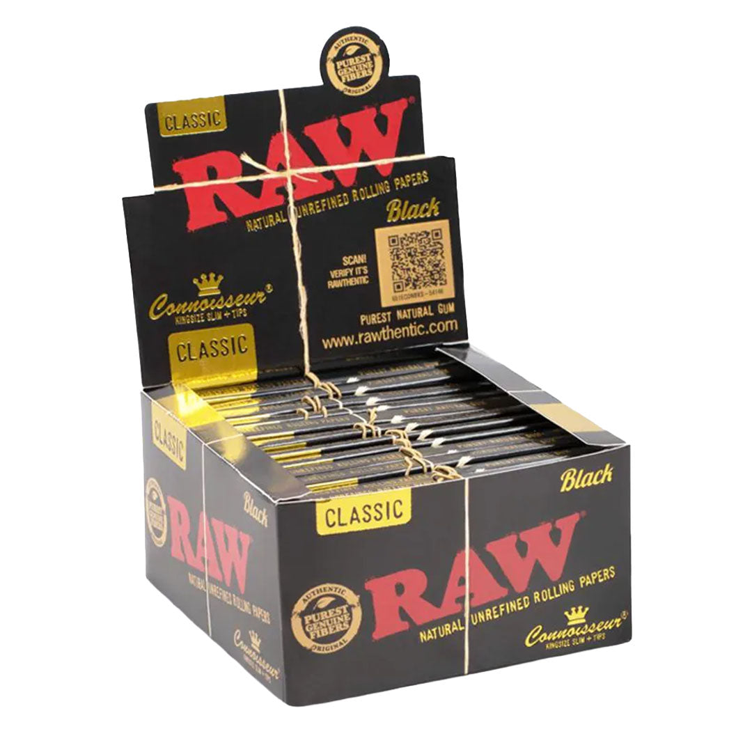 RAW Black Connoisseur 1¼+ Tips 24 Packs Per Box Raw