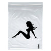 Clear plastic bag with a black silhouette of a woman on a white background