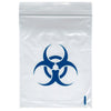 Clear plastic bag with a blue biohazard symbol on a white background