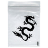 Clear plastic bag with a black dragon design on a white background